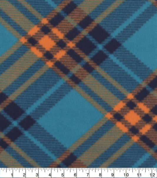 Teal Orange Bias Plaid Blizzard Fleece Fabric
