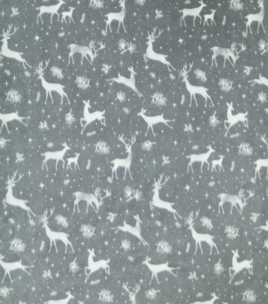 White Reindeer on Gray Anti Pill Fleece Fabric